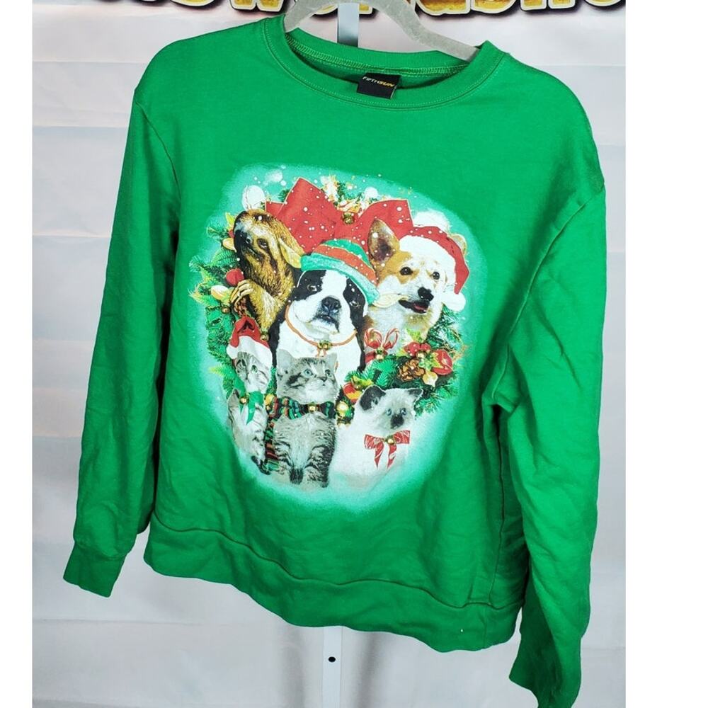 Fifth Sun Green Ugly Christmas Sweater Dogs Cats Graphic with Bells Size L